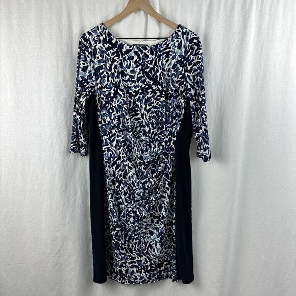 Lauren Ralph Lauren Blue Geo Print Ruched 3/4 Sleeve Midi Dress Womens 16 Career - Picture 1 of 11